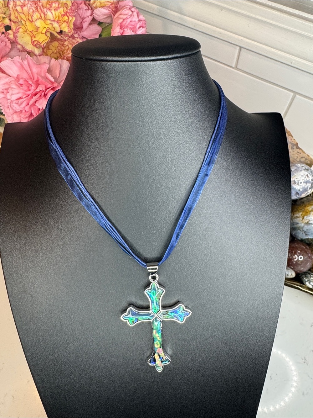 Abalone Iridescent Cross Pendant on Navy Ribbon Necklace: N2001